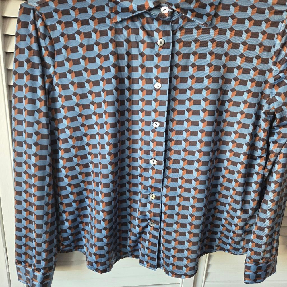 Women's Truth by Republic Button Down Shirt SP Blue Brown Geometric - Picture 8 of 11